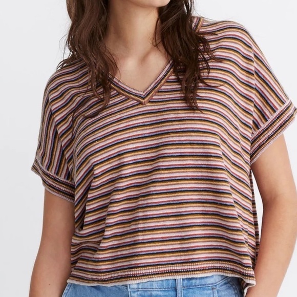 Madewell Tops - Madewell Striped Paulson Knit V-Neck Boxy Tee Top Small Neutral Stripe Casual